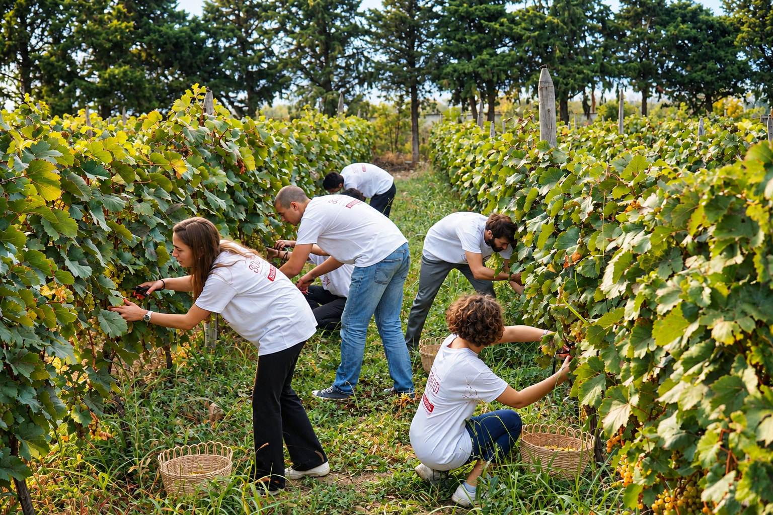 Students at the grape harvest