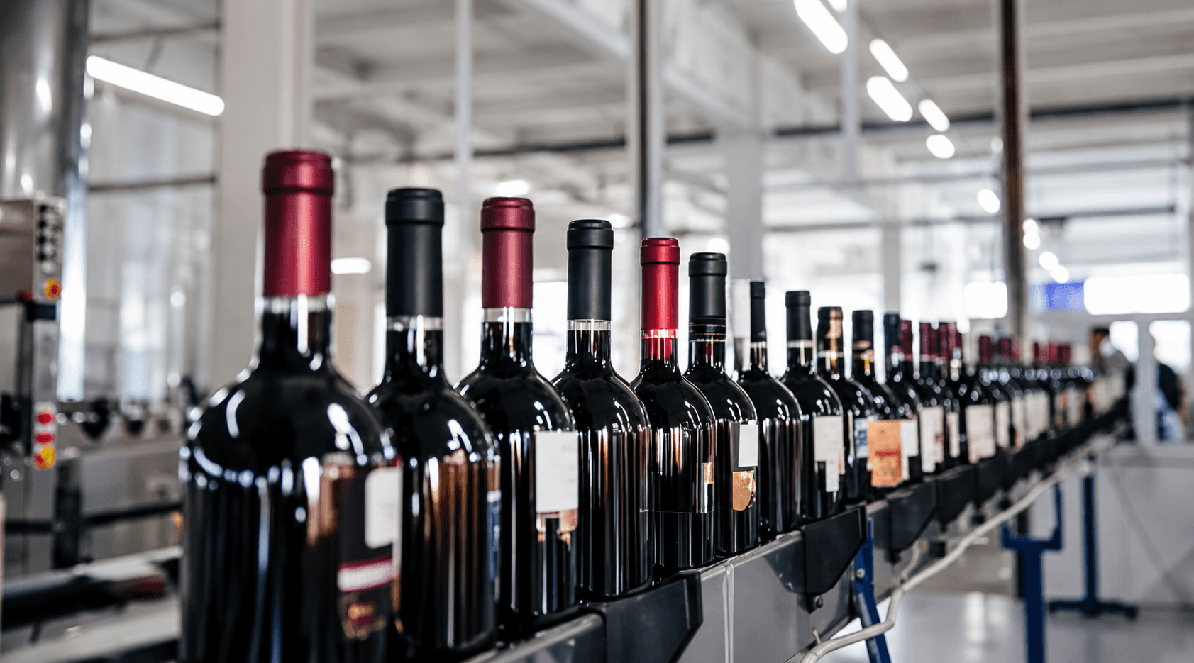 Bottles of red wine on the production line