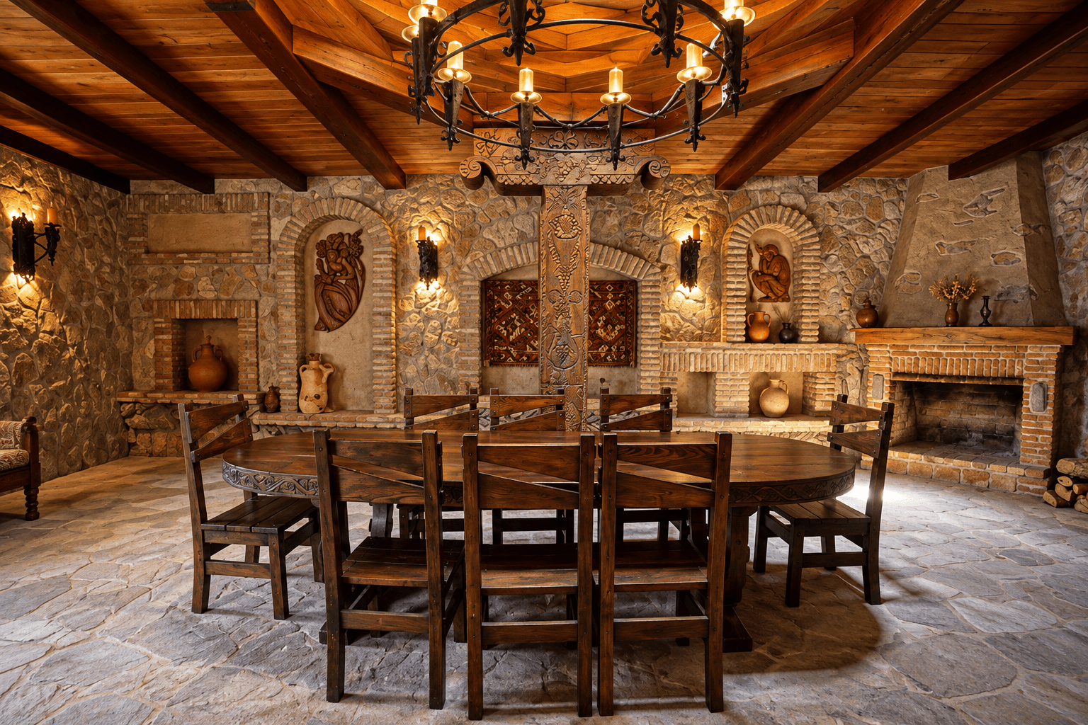 Stone hall with a round table and an iron chandelier