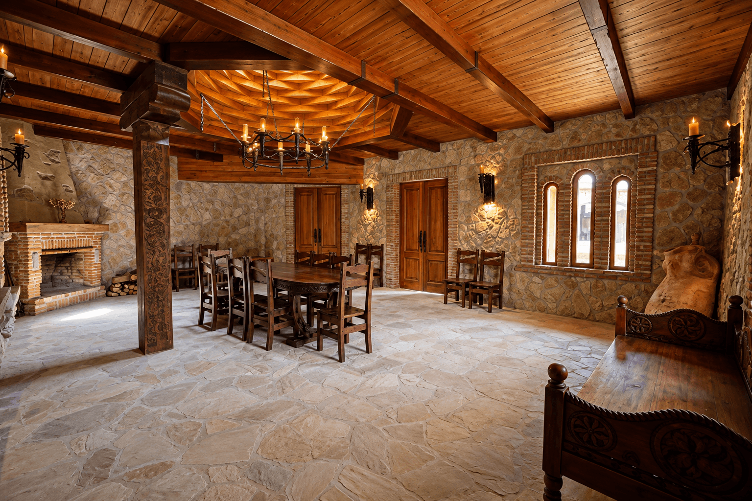 Stone dining hall beneath a carved wooden ceiling