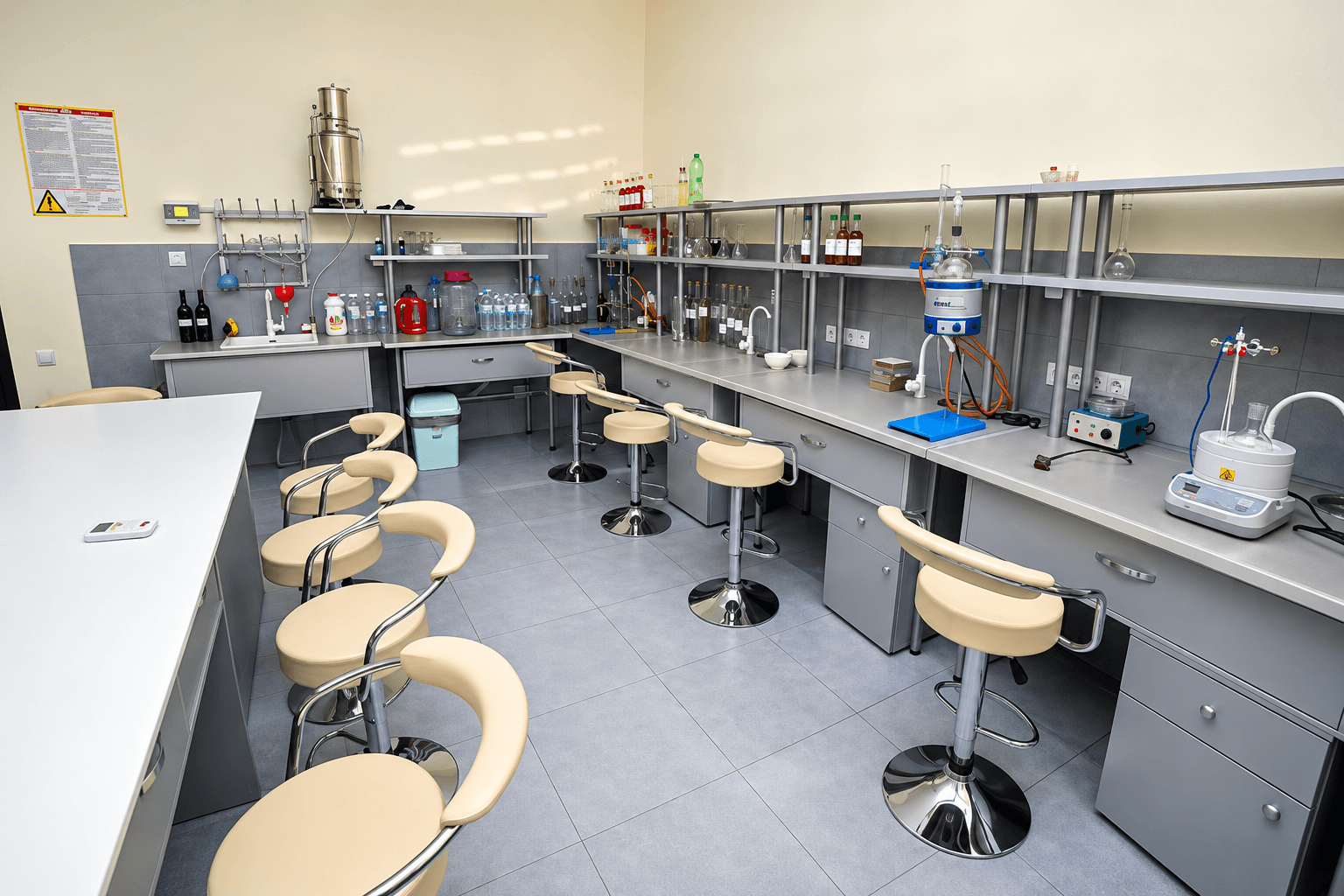 Benches for wine analysis in the laboratory