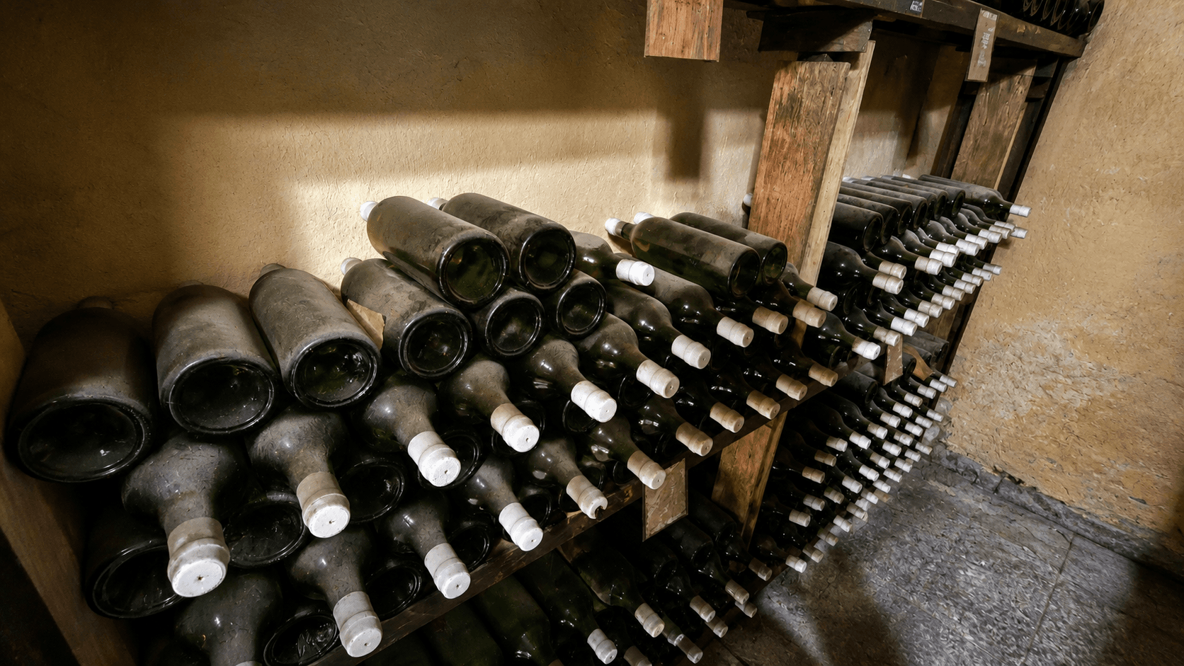 Aged bottles resting in the cellar